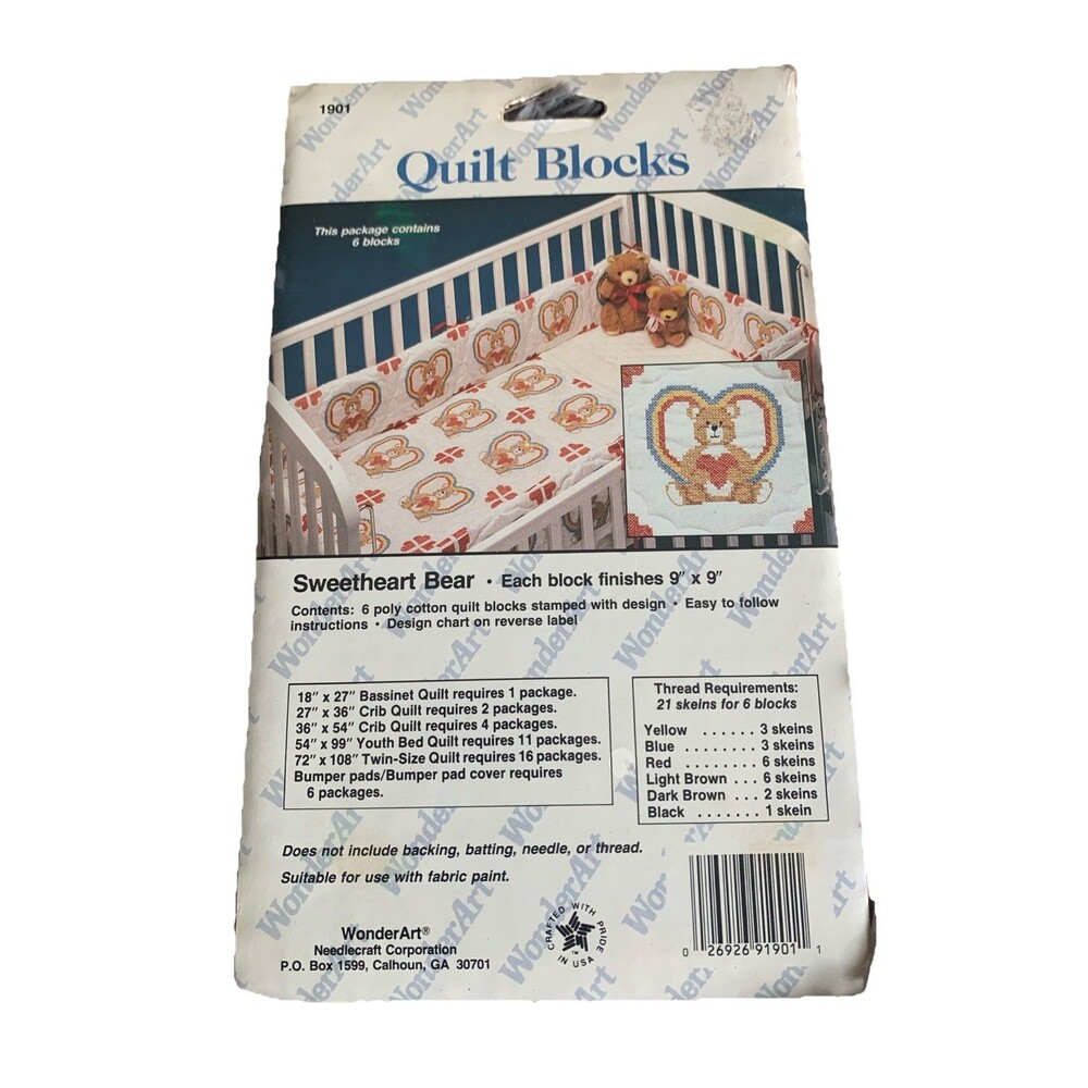 VTG WonderArt Quilt Block Pattern Sweetheart Bear #1901 Six 9x9 Blocks Sealed